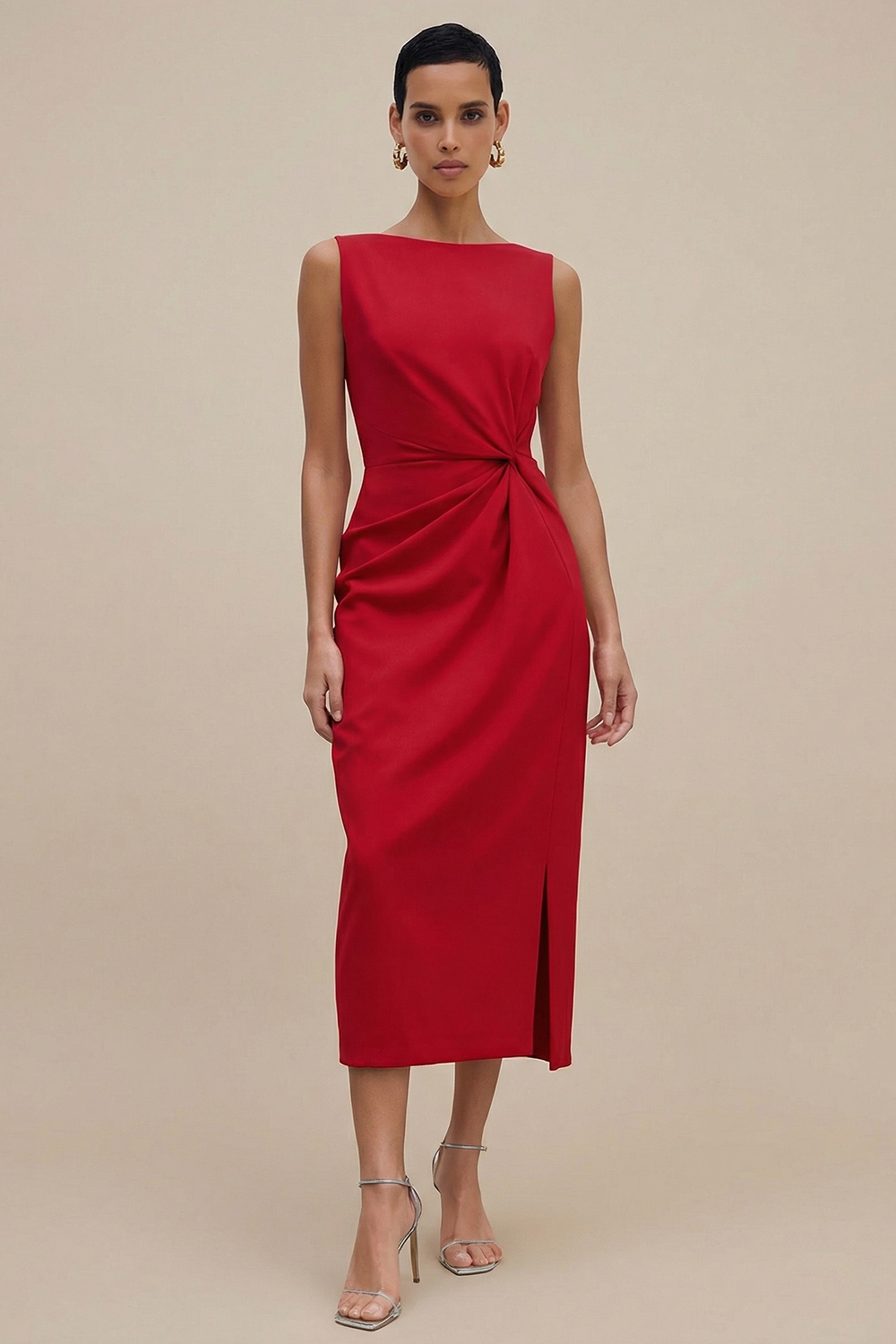 Orange Ruched Bateau Neck Midi Pencil Work Dress with Slit