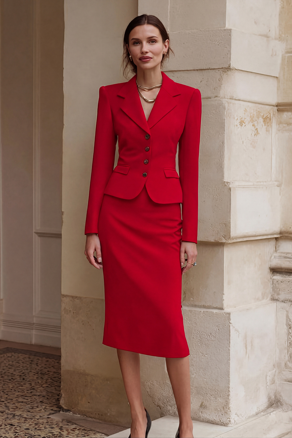 2 Piece Black Single Breasted Pencil Midi Business Suits