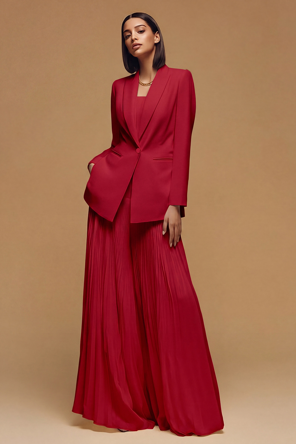 Ivory Pleated Peak Lapel Long Business Jacket