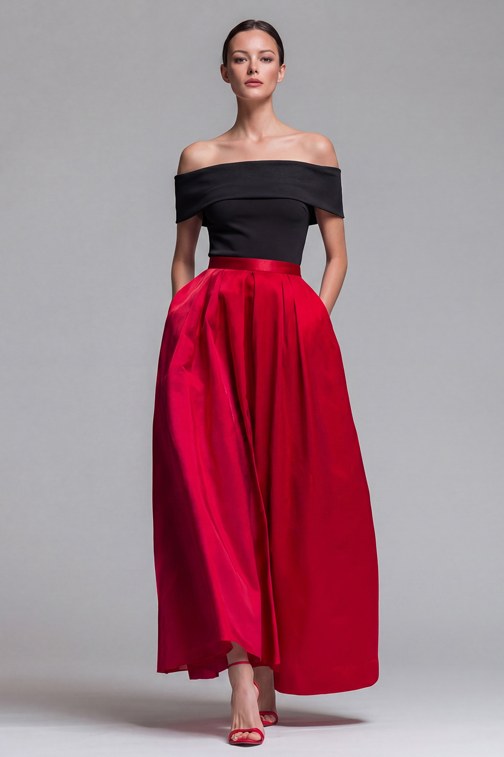 Fuchsia and Red A Line Patchwork Off the Shoulder Maxi Evening Dress with Pockets