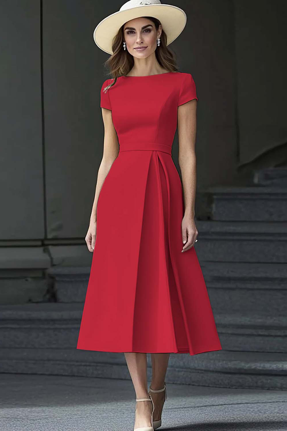 Daffodil Satin A Line Bateau Neck Midi Work Dress