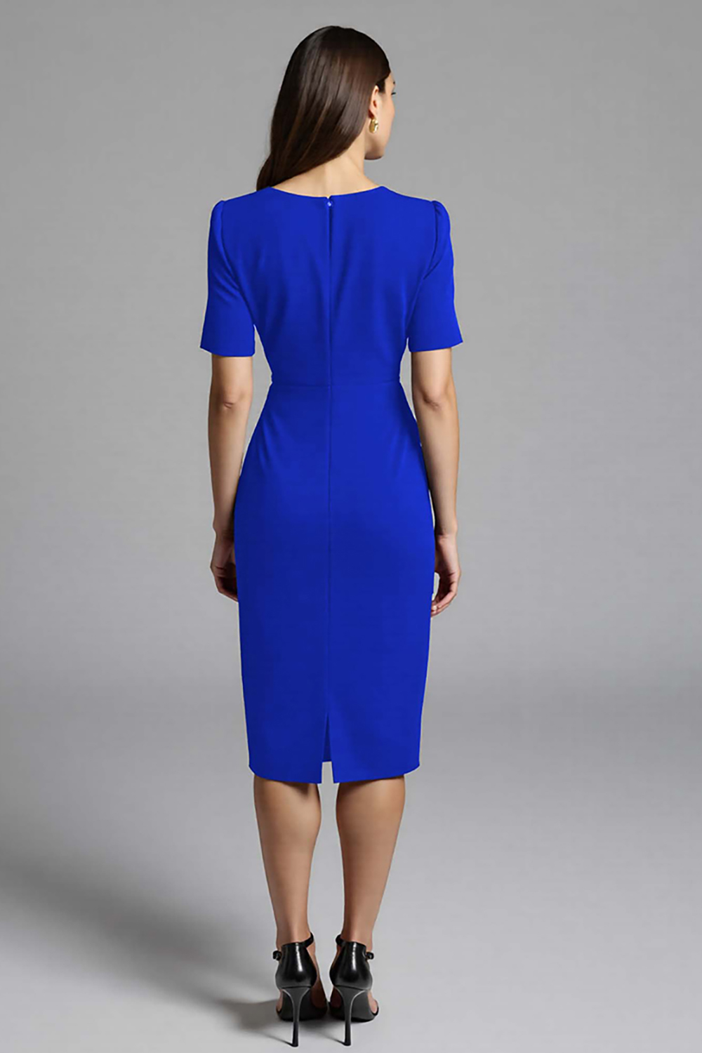 Navy Satin Bodycon Ruched V-Neck Midi Work Dress with Sleeves