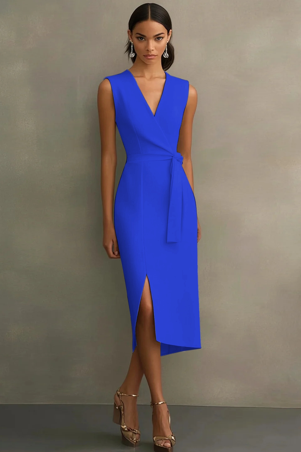 White Bodycon Satin V-Neck Mid-Calf Semi Formal Dress with Slit