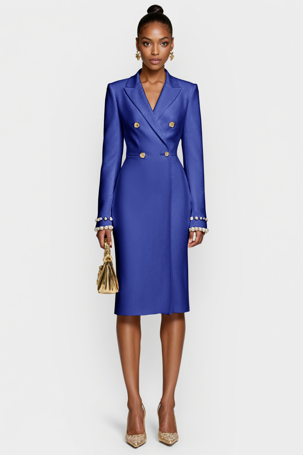 White Satin Peak Lapel Bodycon Midi Work Blazer Dress with Long Sleeves