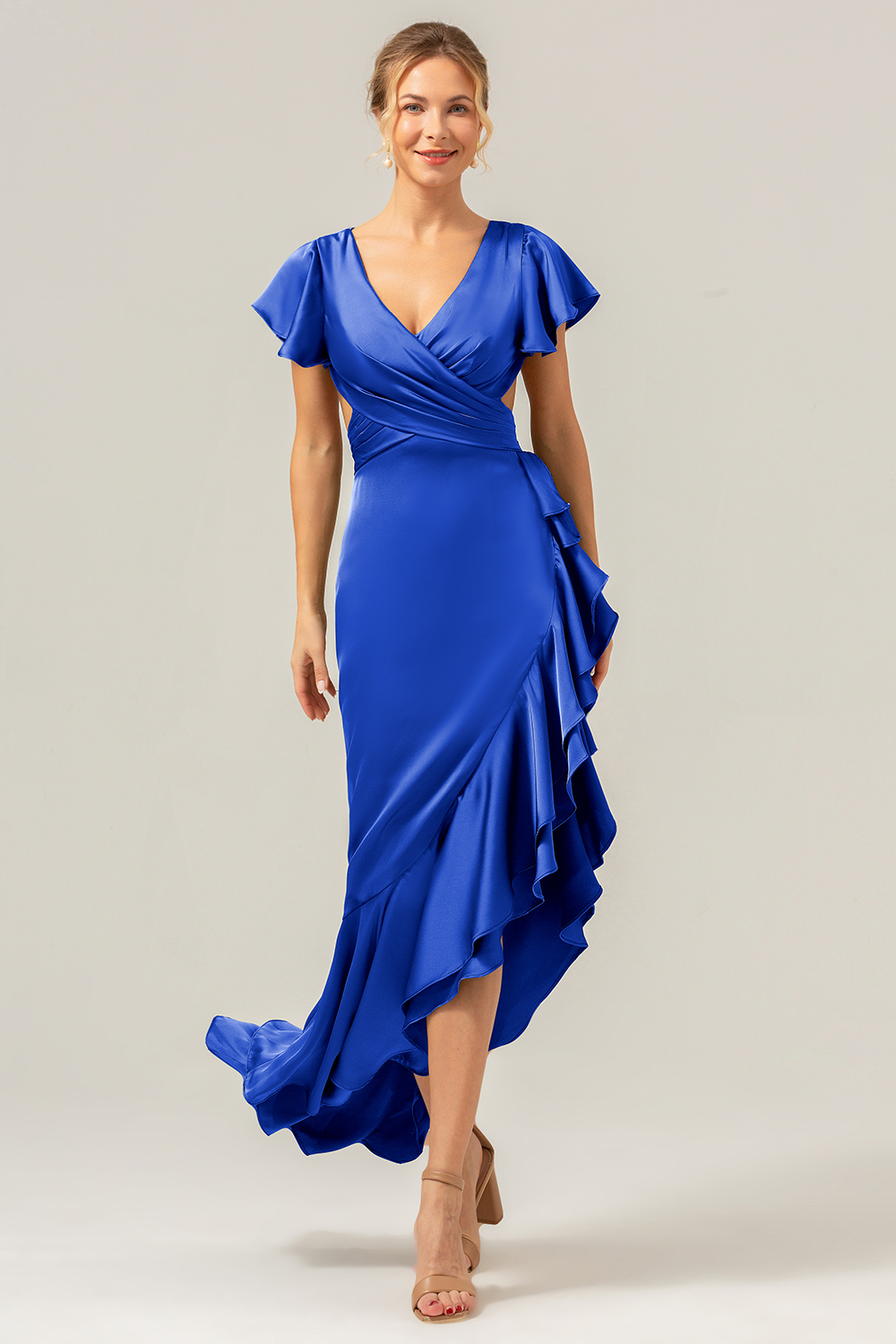 Elegant Asymmetrical Midi Formal Dress with Bow Back