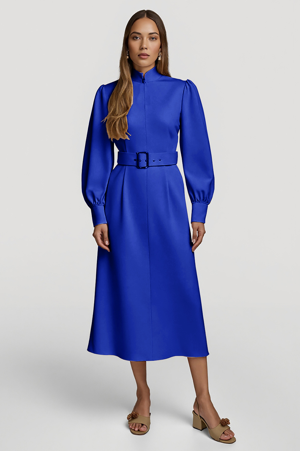 Grey Pink Pencil High Neck Midi Satin Work Dress with Belts