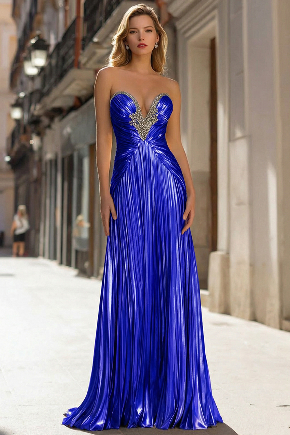 Sparkly Gold Pleated Strapless Metallic Long Prom Dress