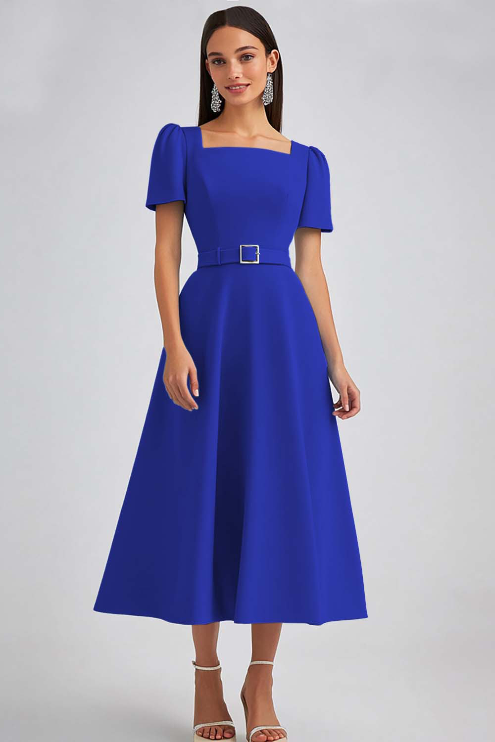 Sky Blue Satin Square Neck A Line Midi Work Dress with Sleeves