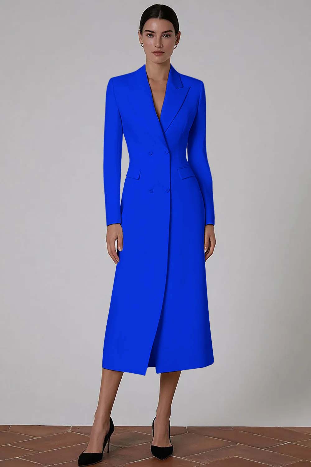 Ivory Double Breasted Peak Lapel Midi Blazer Dress