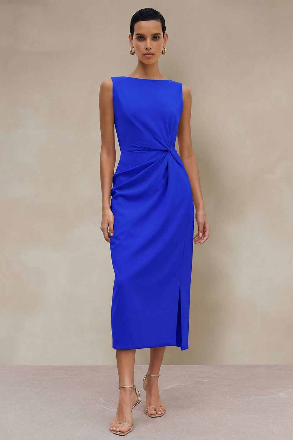 Orange Ruched Bateau Neck Midi Pencil Work Dress with Slit