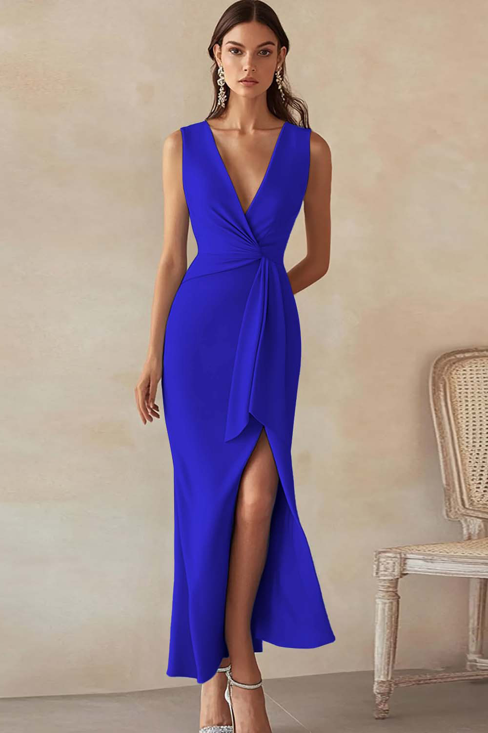 Sky Blue Satin Sheath Deep V-Neck Long Work Dress with Ruffles