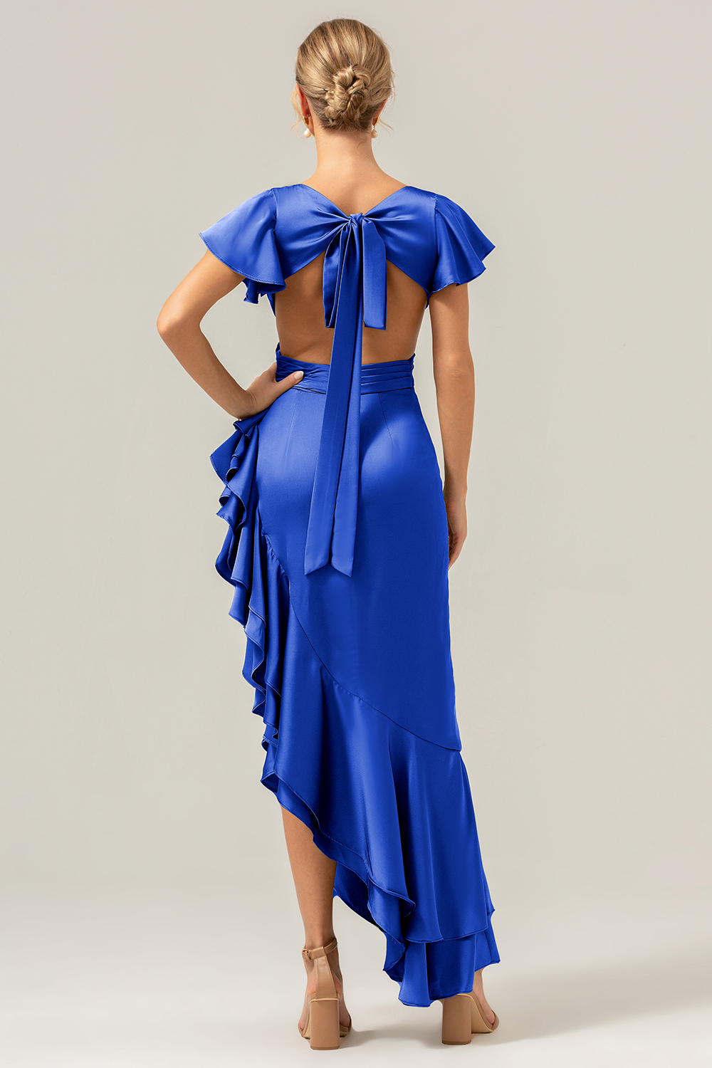 Elegant Asymmetrical Midi Formal Dress with Bow Back