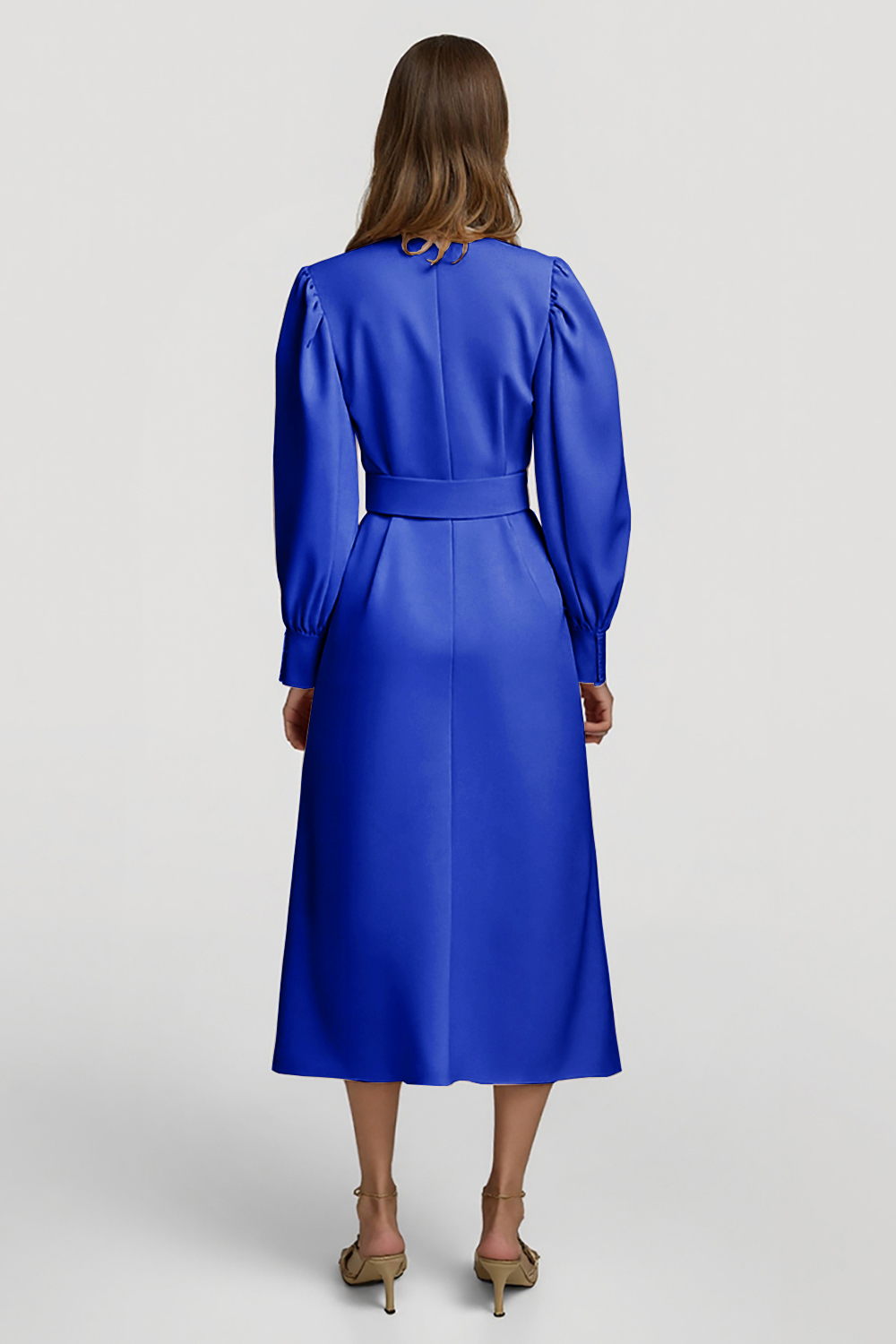 Grey Pink Pencil High Neck Midi Satin Work Dress with Belts