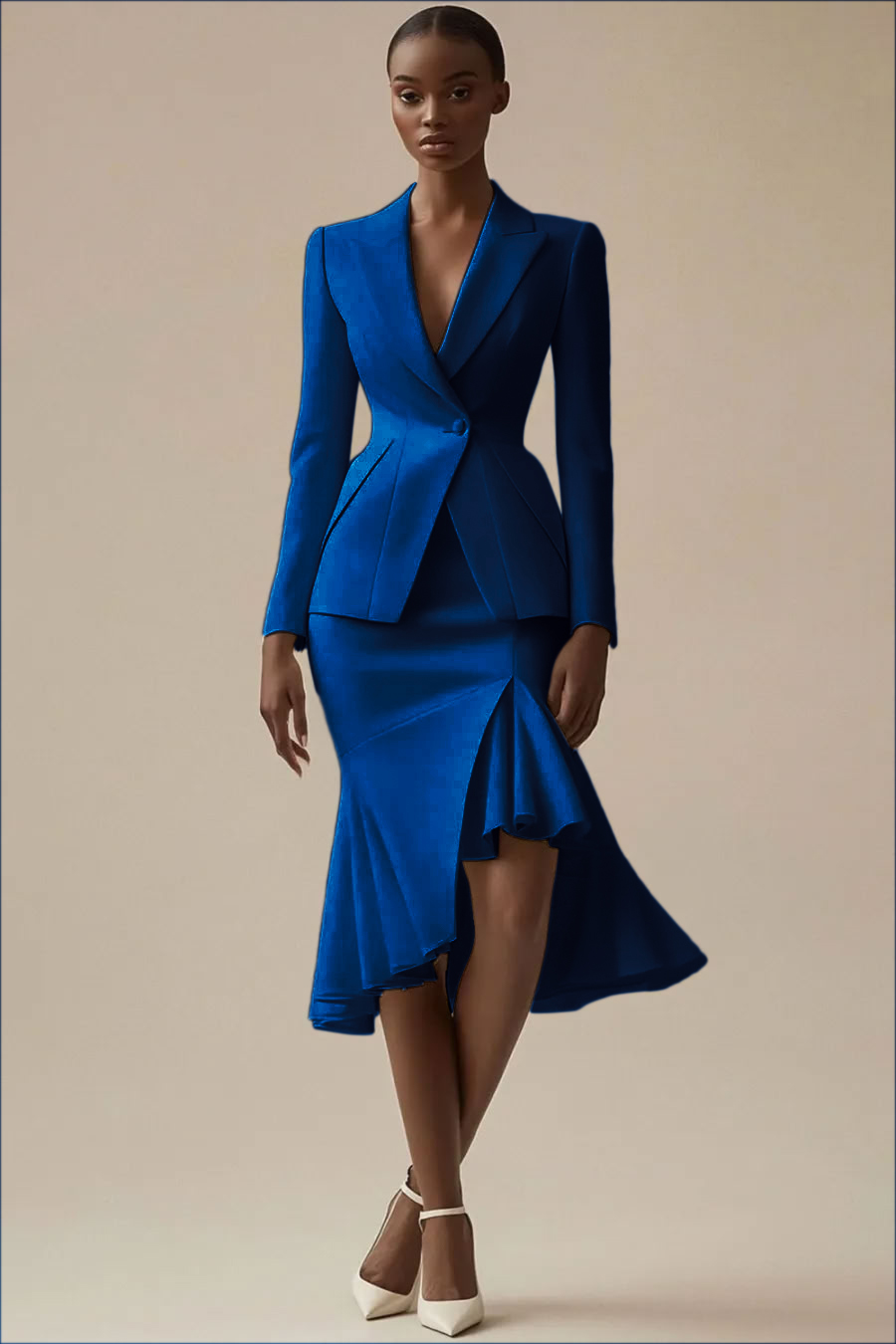 Ivory Satin 2 Piece Peak Lapel Bodycon Midi Business Suits