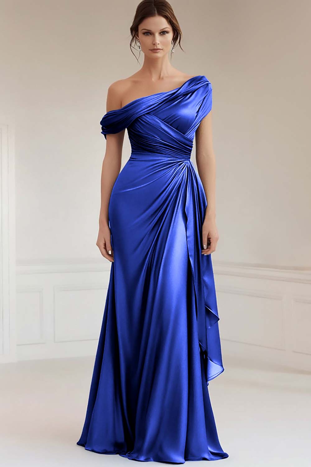 Grey Blue Satin Sheath Asymmetrical Ruched Long Mother of the Bride Dress