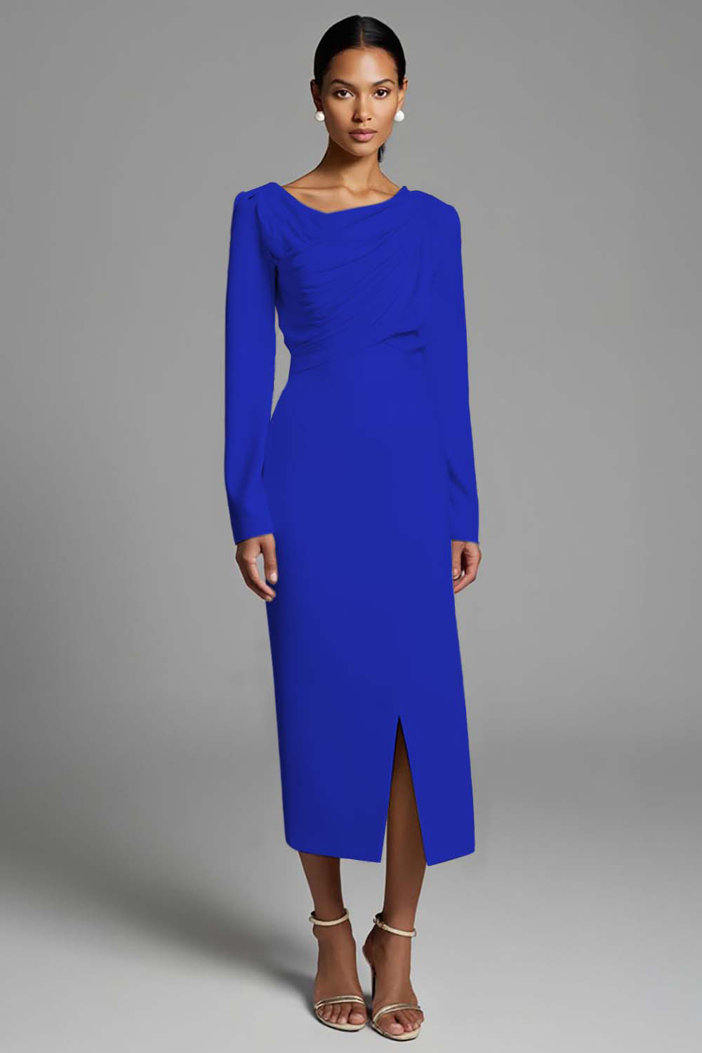 Ivory Ruched Sheath Long Sleeves Work Dress with Slit