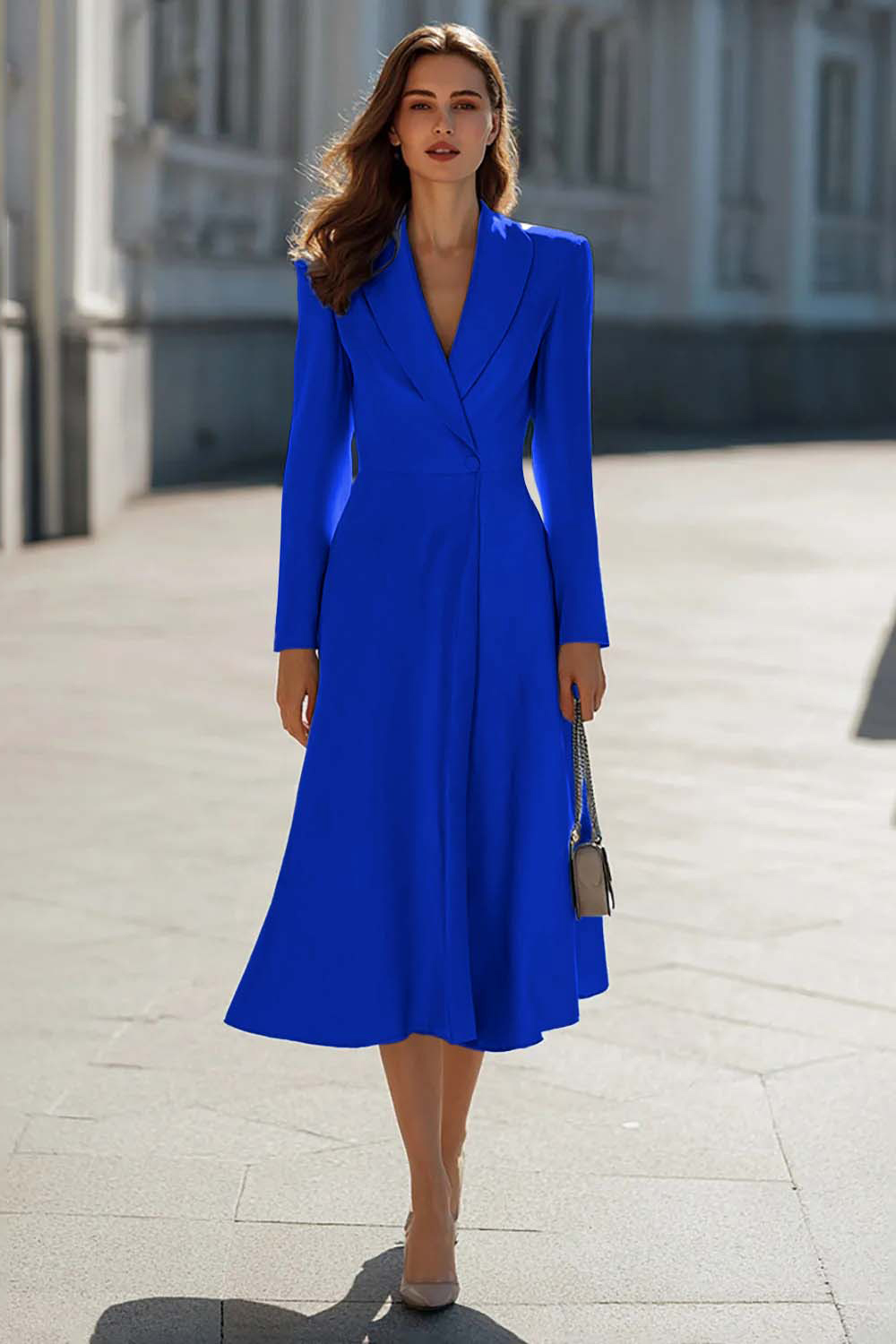 Sky Blue A Line Shawl Lapel Midi Blazer Dress with Sleeves
