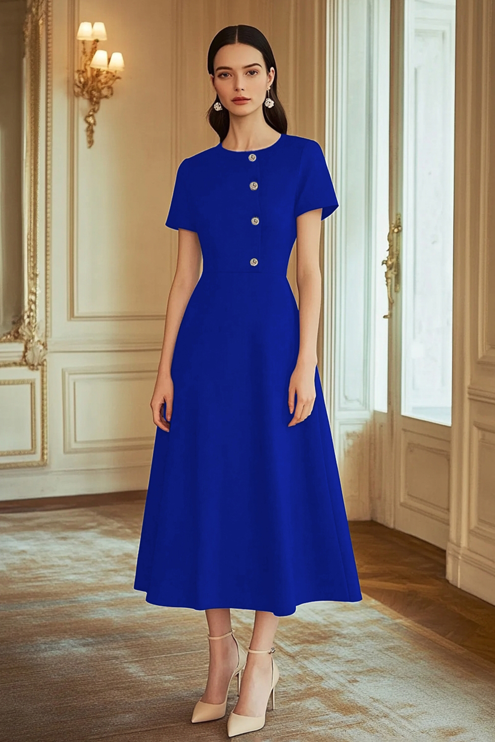 Navy A Line Satin Mid-Calf Work Dress with Sleeves