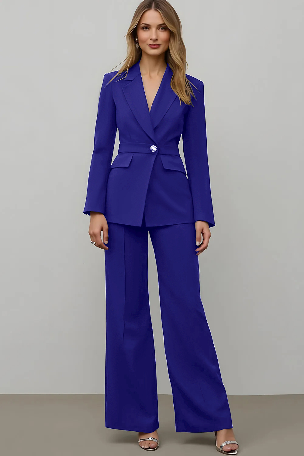 Navy 2 Piece Satin Notched Lapel Wide Leg Business Suits