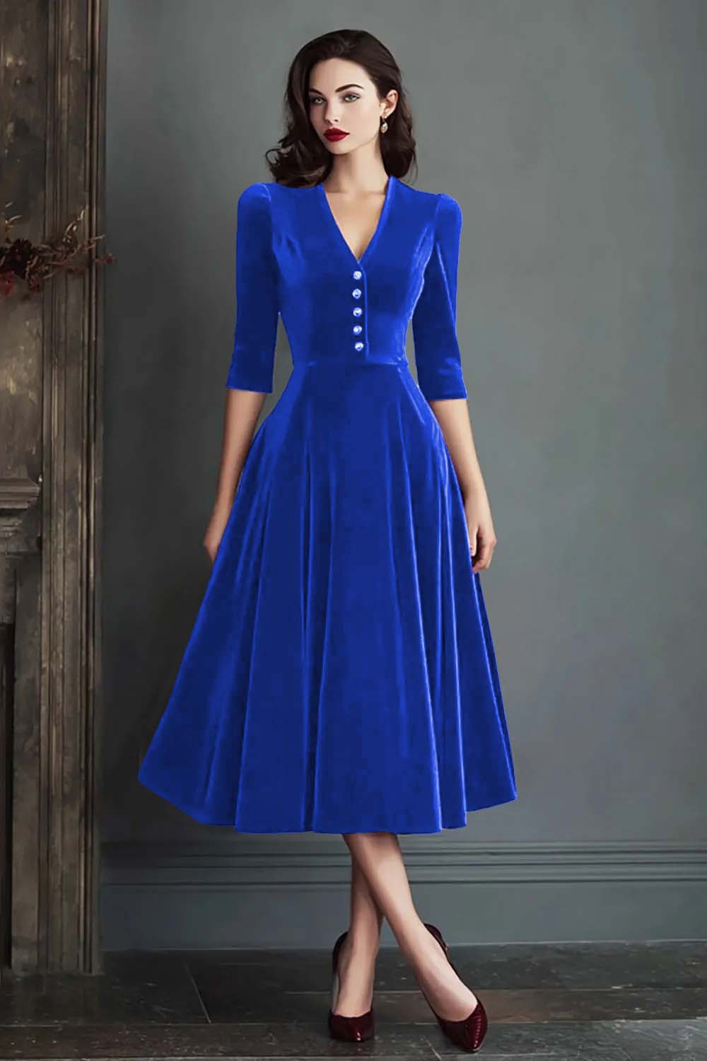 Burgundy Velvet V-Neck A Line Midi Holiday Party Dress