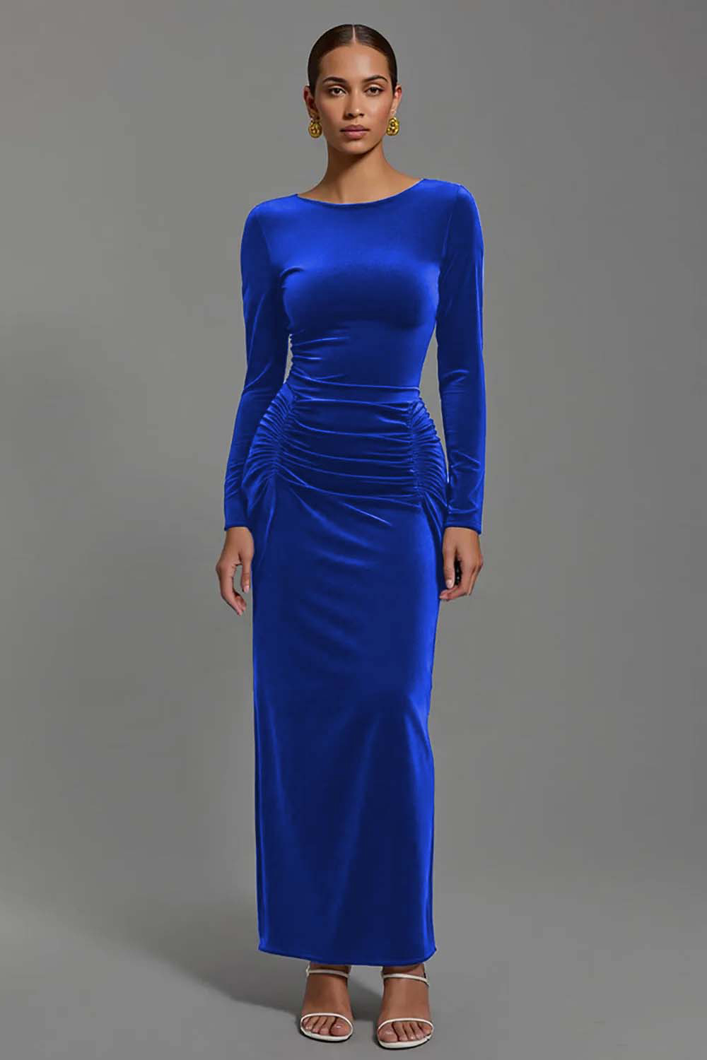 Navy Velvet Sheath Boat Neck Long Holiday Party Dress with Sleeves