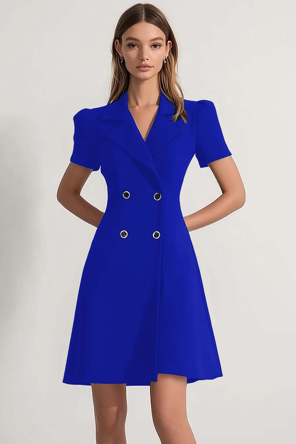 Navy Notched Lapel A Line Double Breasted Short Work Blazer Dress