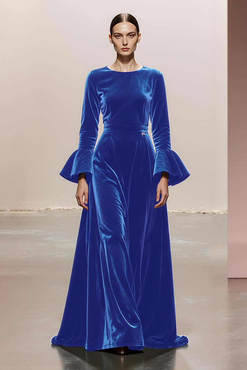 Dark Green A-Line Round Neck Long Velvet Evening Dress with Sleeves