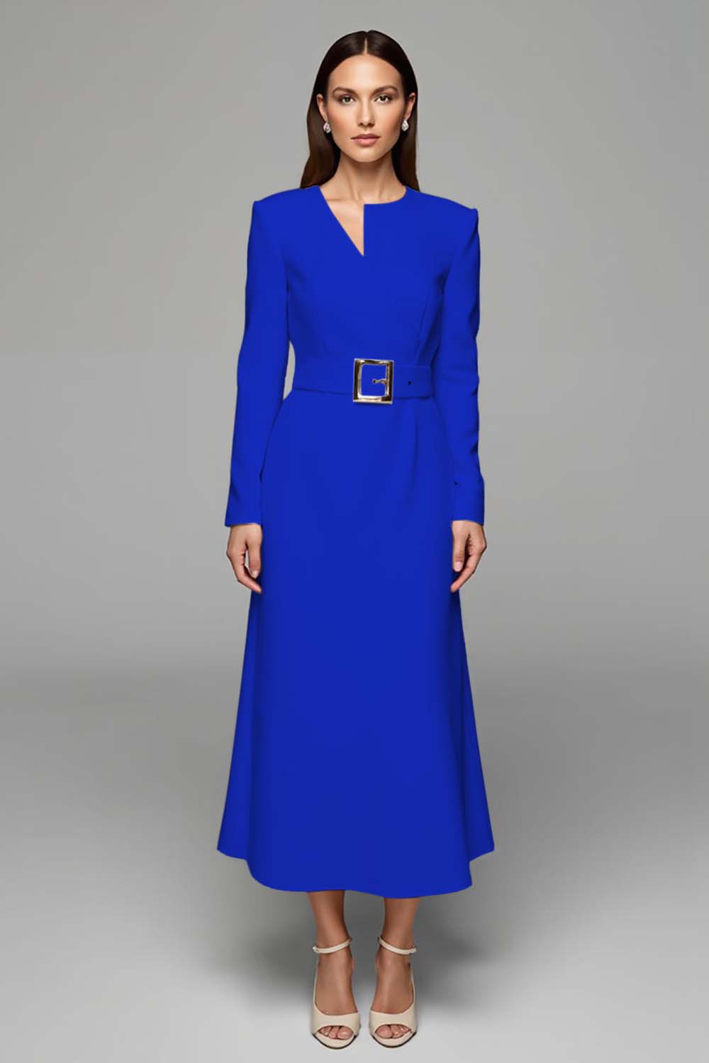 Ivory Asymmetrical Neck Long Sleeves Work Dress with Belt