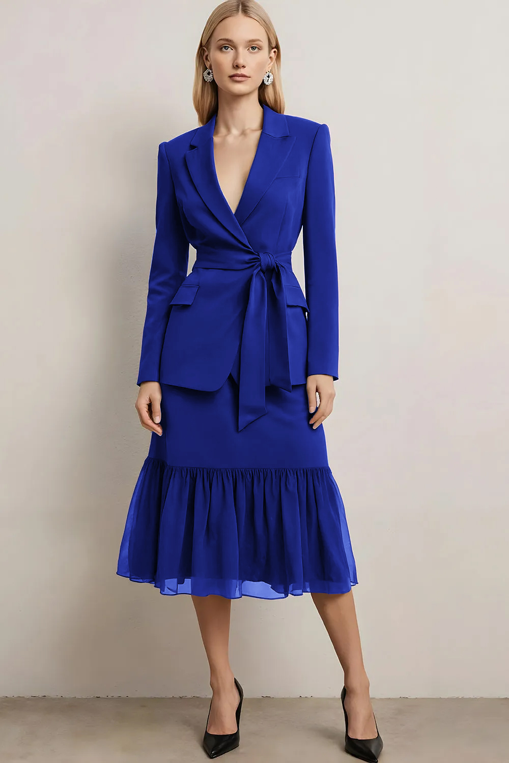 2 Piece Dark Purple Notched Lapel Midi Skirt Business Suits with Sash