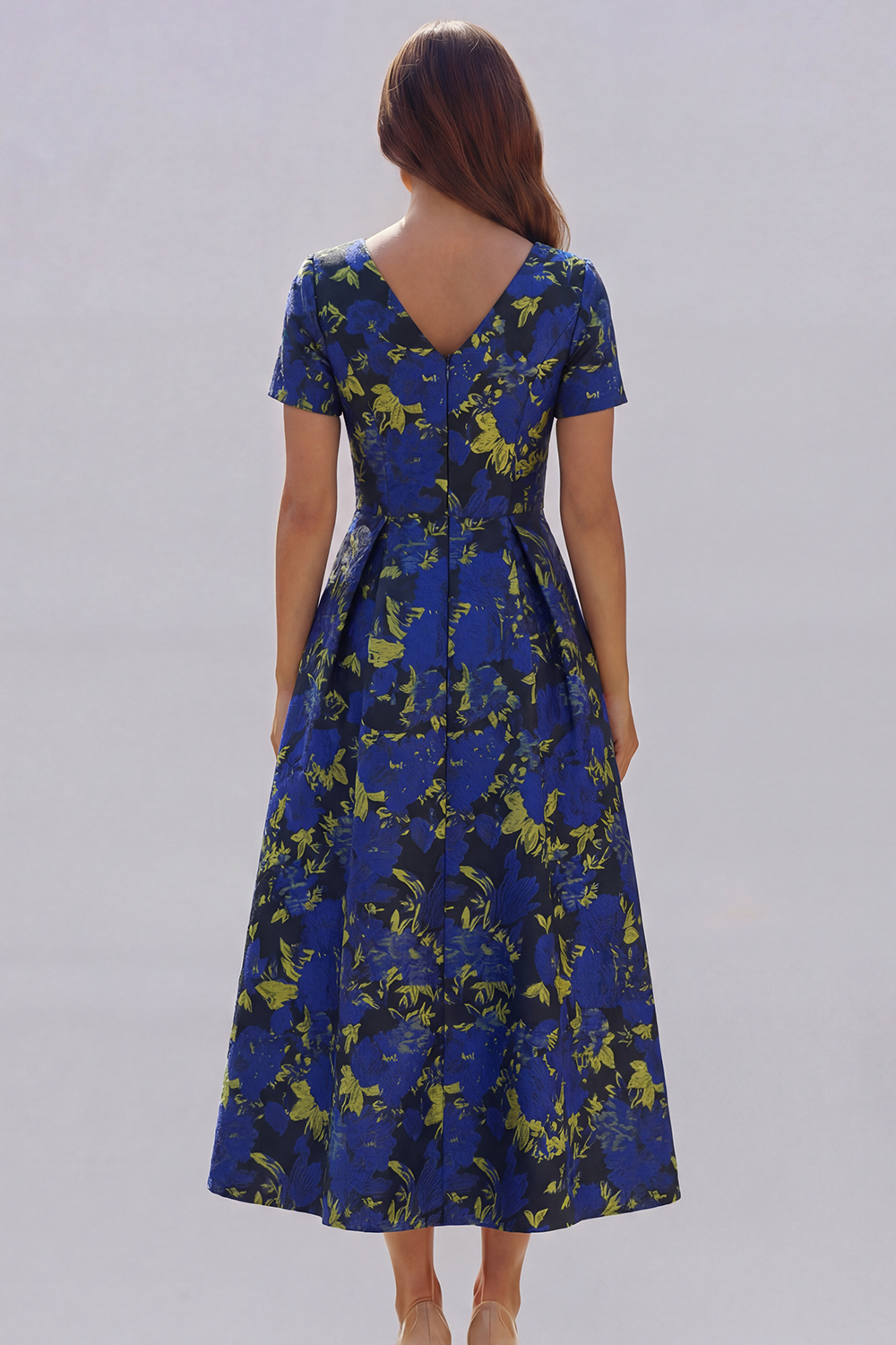 Floral Blue and White A Line V Neck Midi Wedding Guest Dress with Sleeves