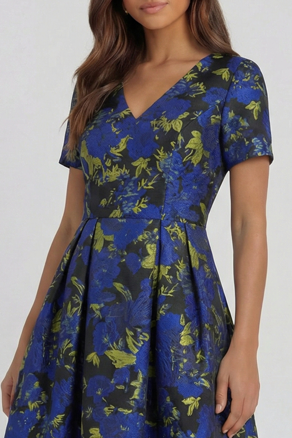 Floral Blue and White A Line V Neck Midi Wedding Guest Dress with Sleeves