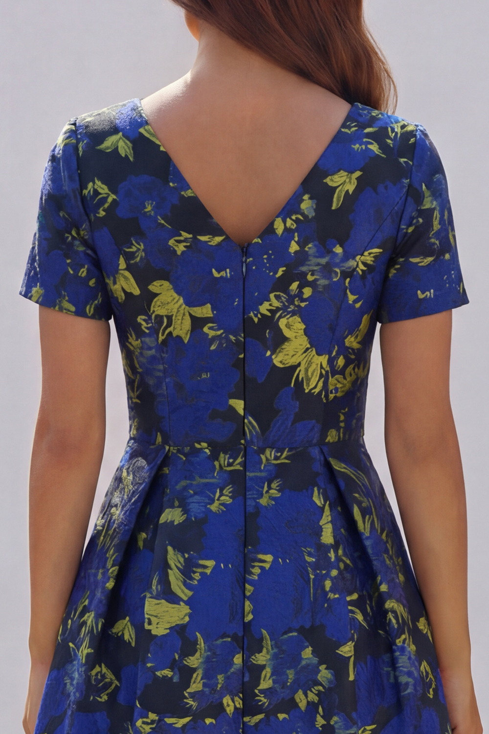 Floral Blue and White A Line V Neck Midi Wedding Guest Dress with Sleeves