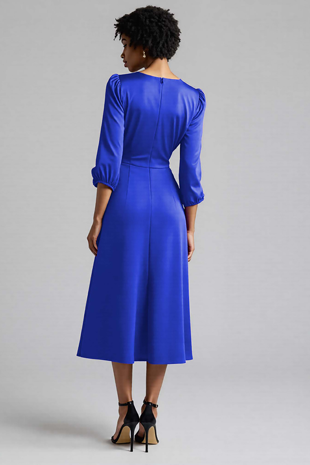 Plum Satin Ruched A Line Midi Work Dress with Sleeves