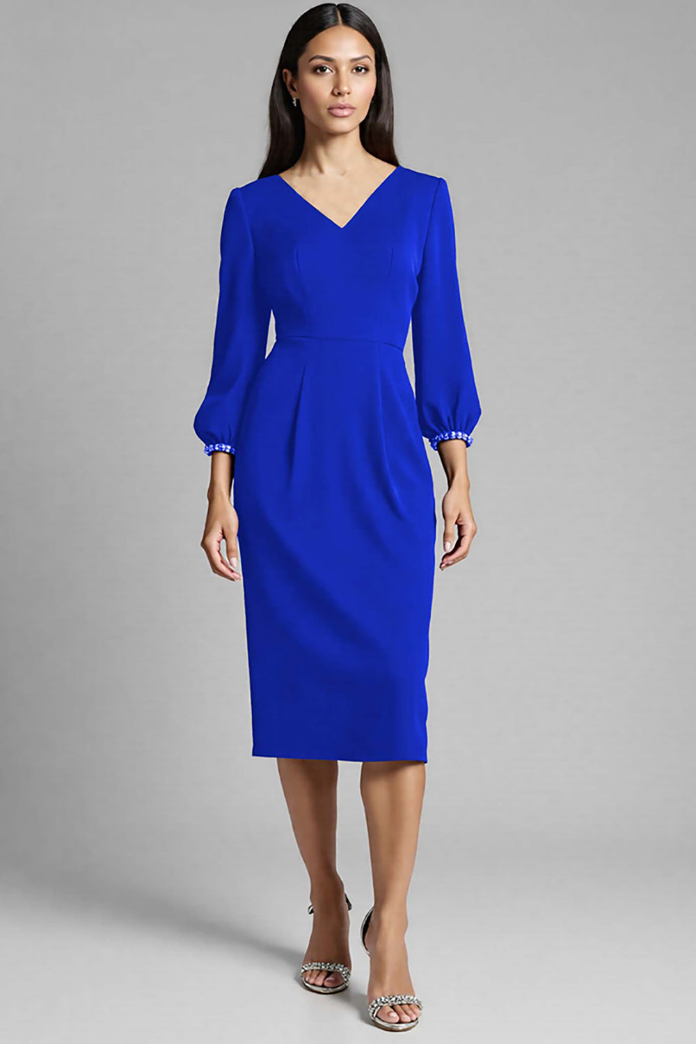 Navy Satin V-Neck Bodycon Midi Work Dress with Long Sleeves