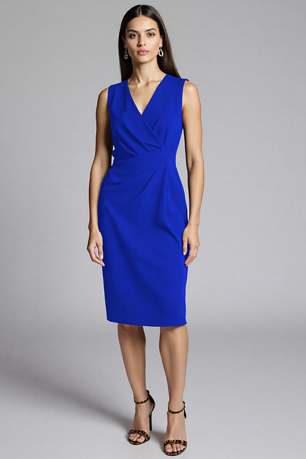 Navy Satin Bodycon V-Neck Ruched Midi Work Dress