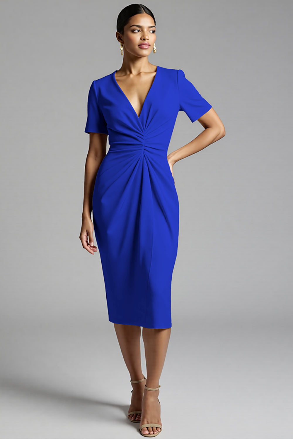 Champagne Satin V-Neck Bodycon Midi Work Dress with Sleeves