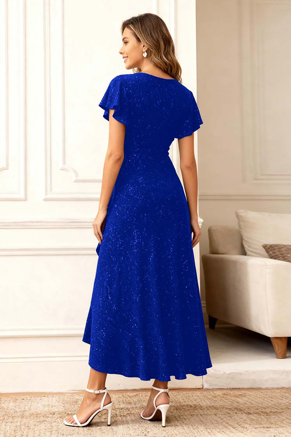 Glitter Dark Navy Round Neck Long Holiday Party Dress with Sleeves