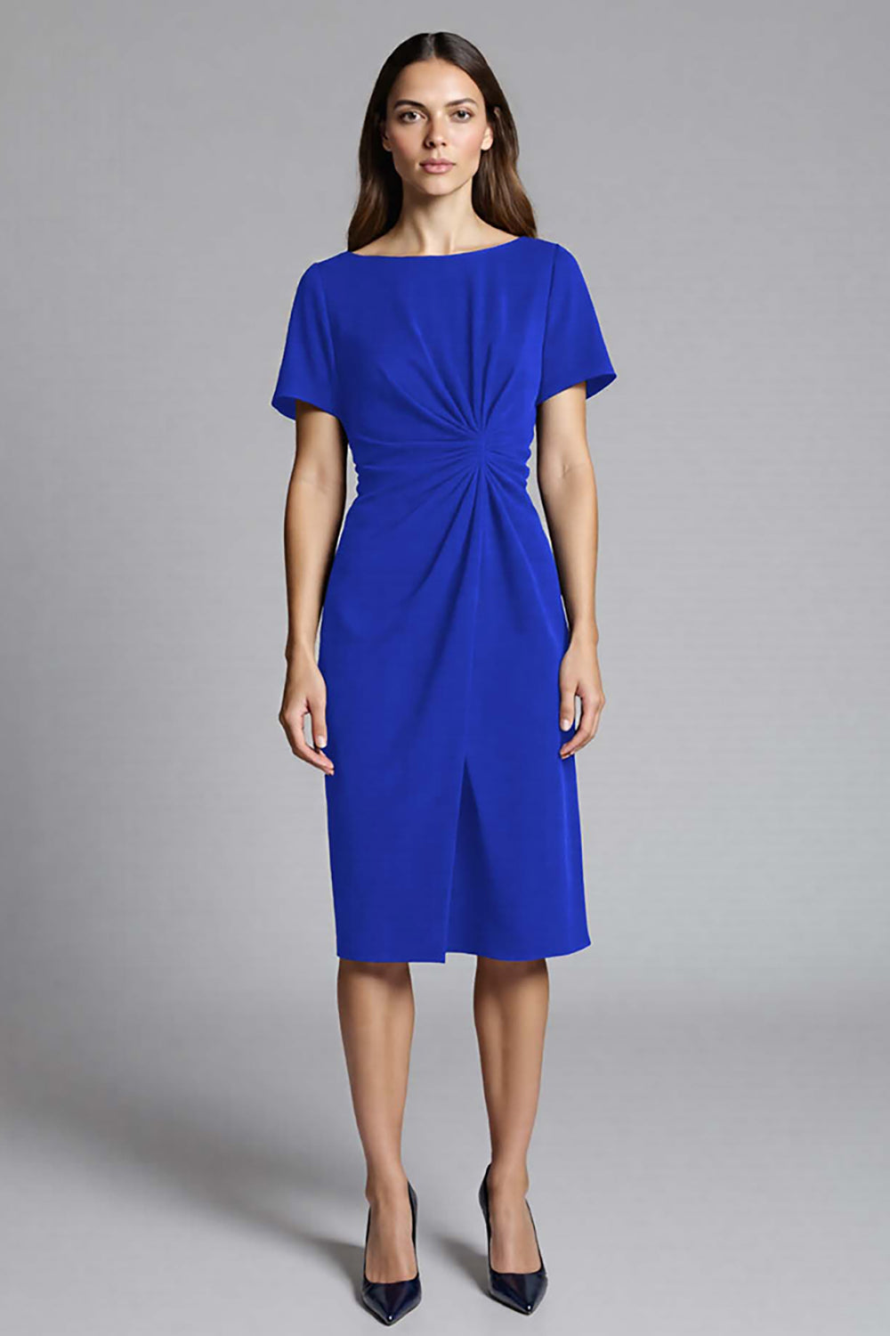 Navy Satin Bodycon Ruched Midi Work Dress with Sleeves