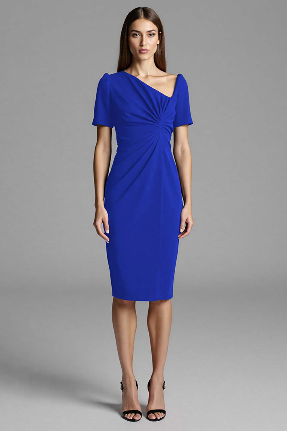 Navy Satin Bodycon Asymmetrical Neck Midi Work Dress with Sleeves