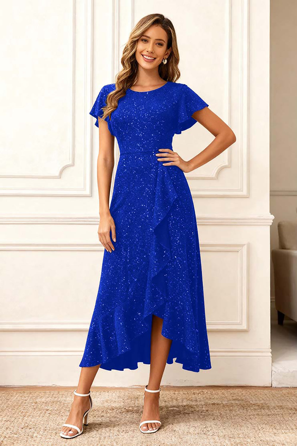 Glitter Dark Navy Round Neck Long Holiday Party Dress with Sleeves