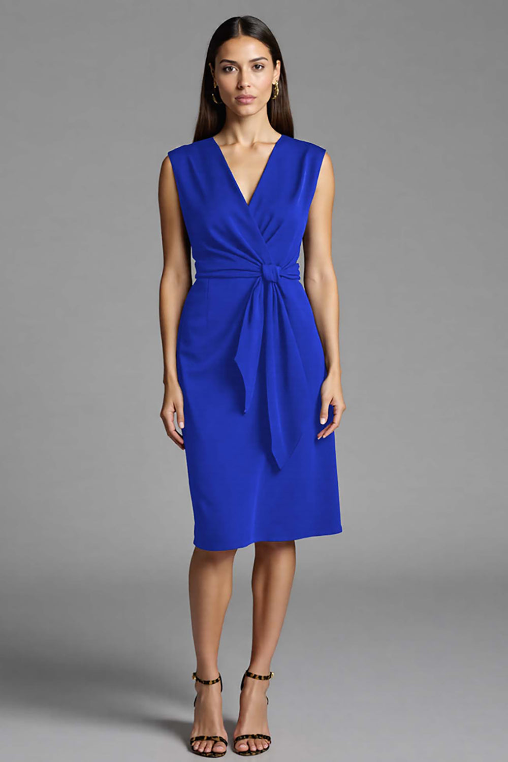 Navy Satin Bodycon V-Neck Midi Work Dress with Ruffles