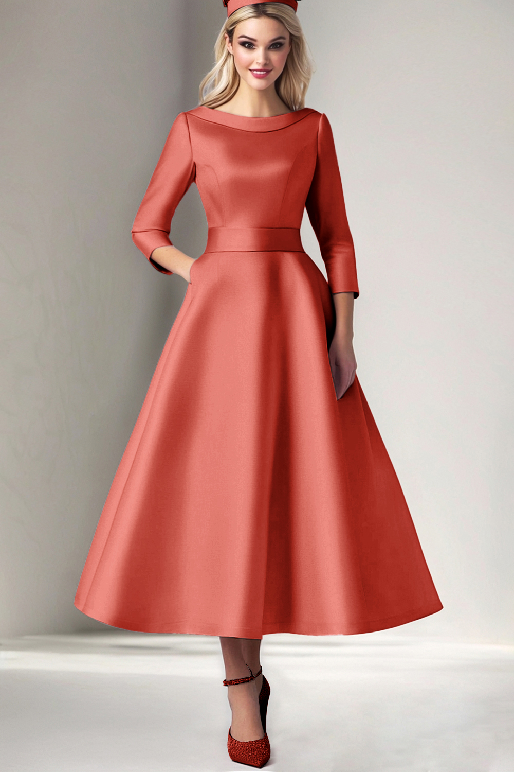 Pink Satin A Line Scoop Neck Long Mother of the Bride Dress with Sleeves