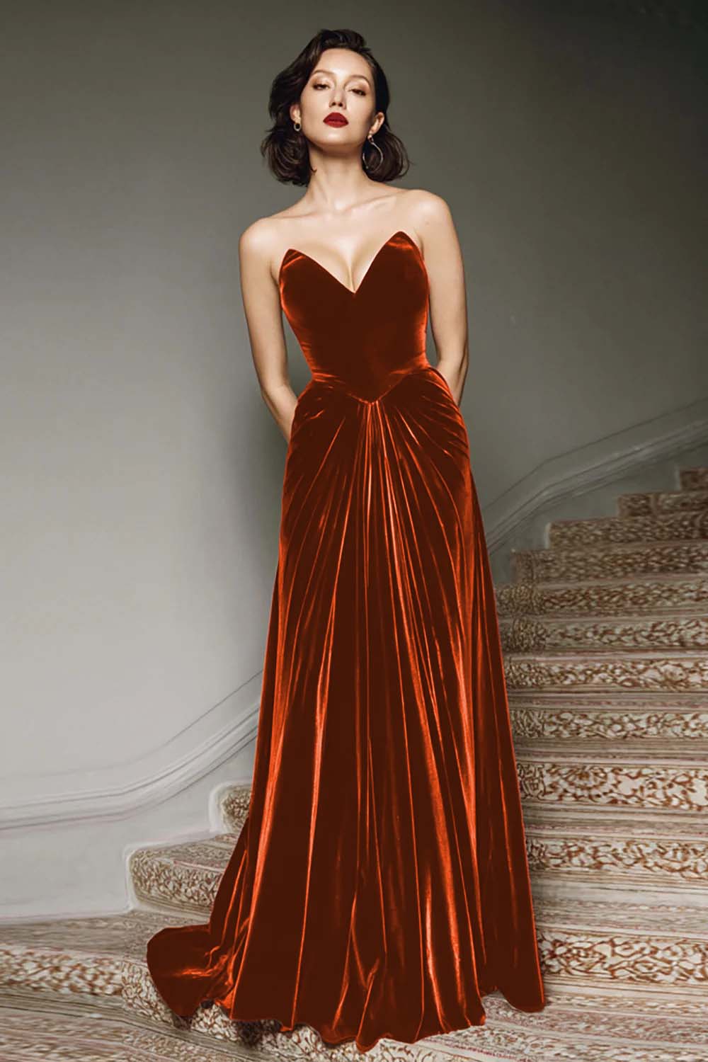 Burgundy Velvet A Line Sweetheart Pleated Long Formal Dress