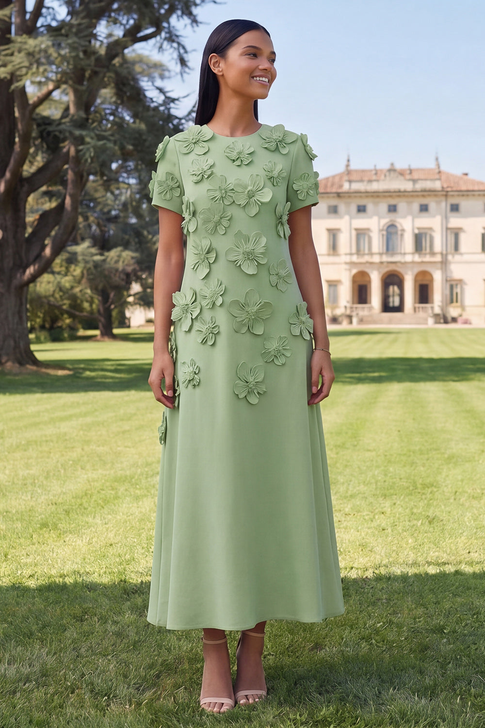 Blue Floral A Line Round Neck Maxi Wedding Guest Dress with Sleeves
