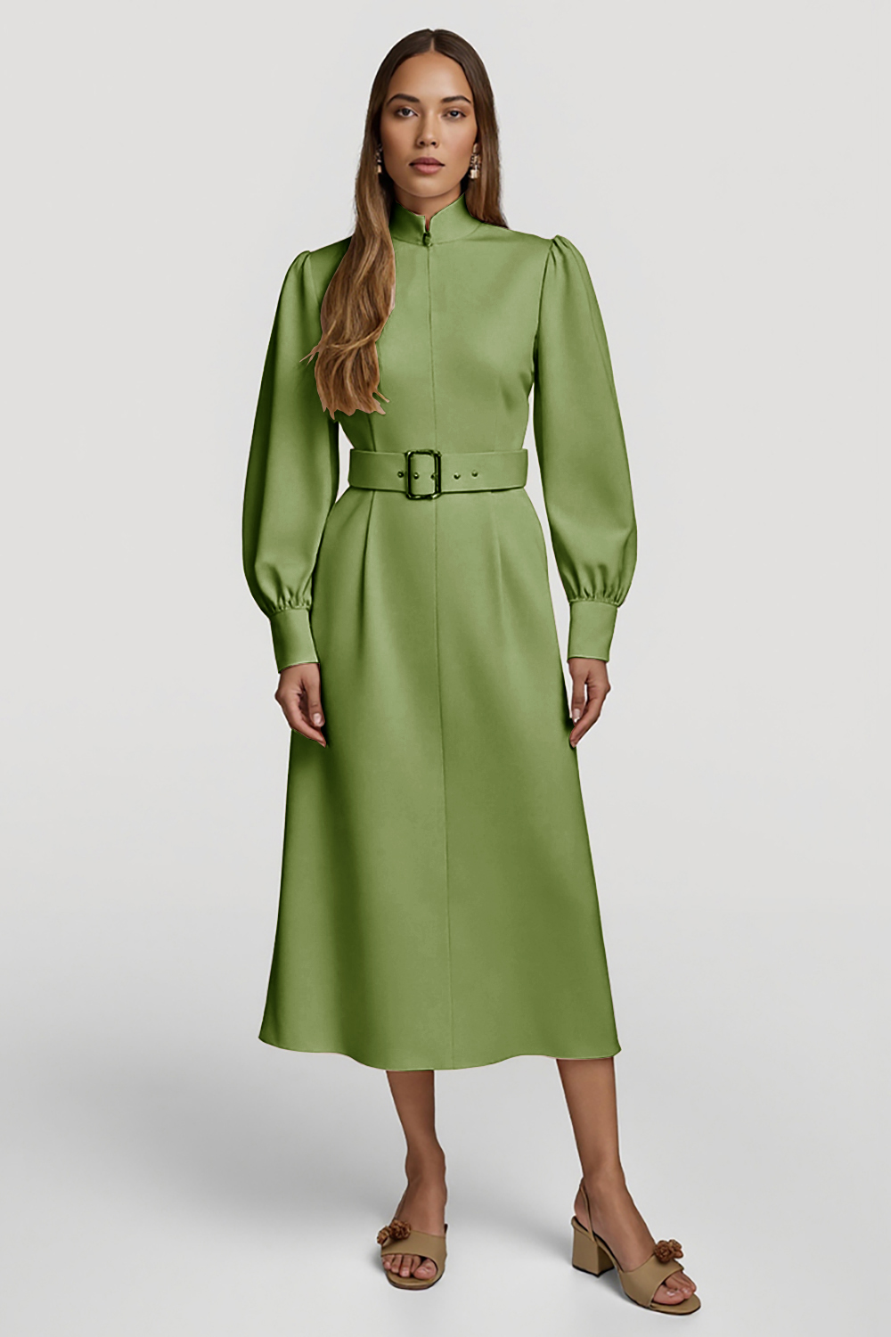 Grey Pink Pencil High Neck Midi Satin Work Dress with Belts