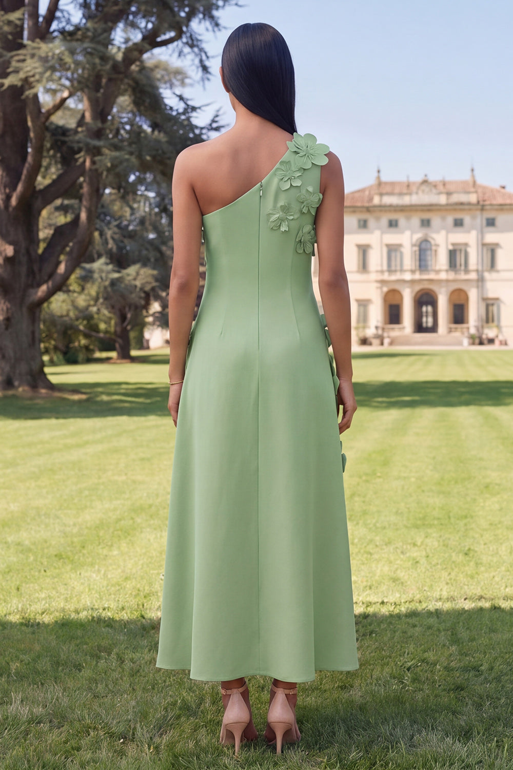 Sage Green One Shoulder A Line Maxi Wedding Guest Dress with 3D Flowers