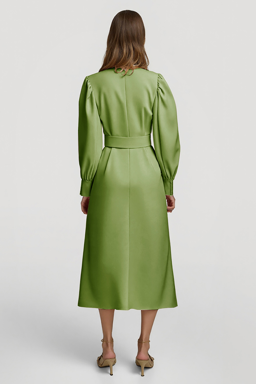 Grey Pink Pencil High Neck Midi Satin Work Dress with Belts