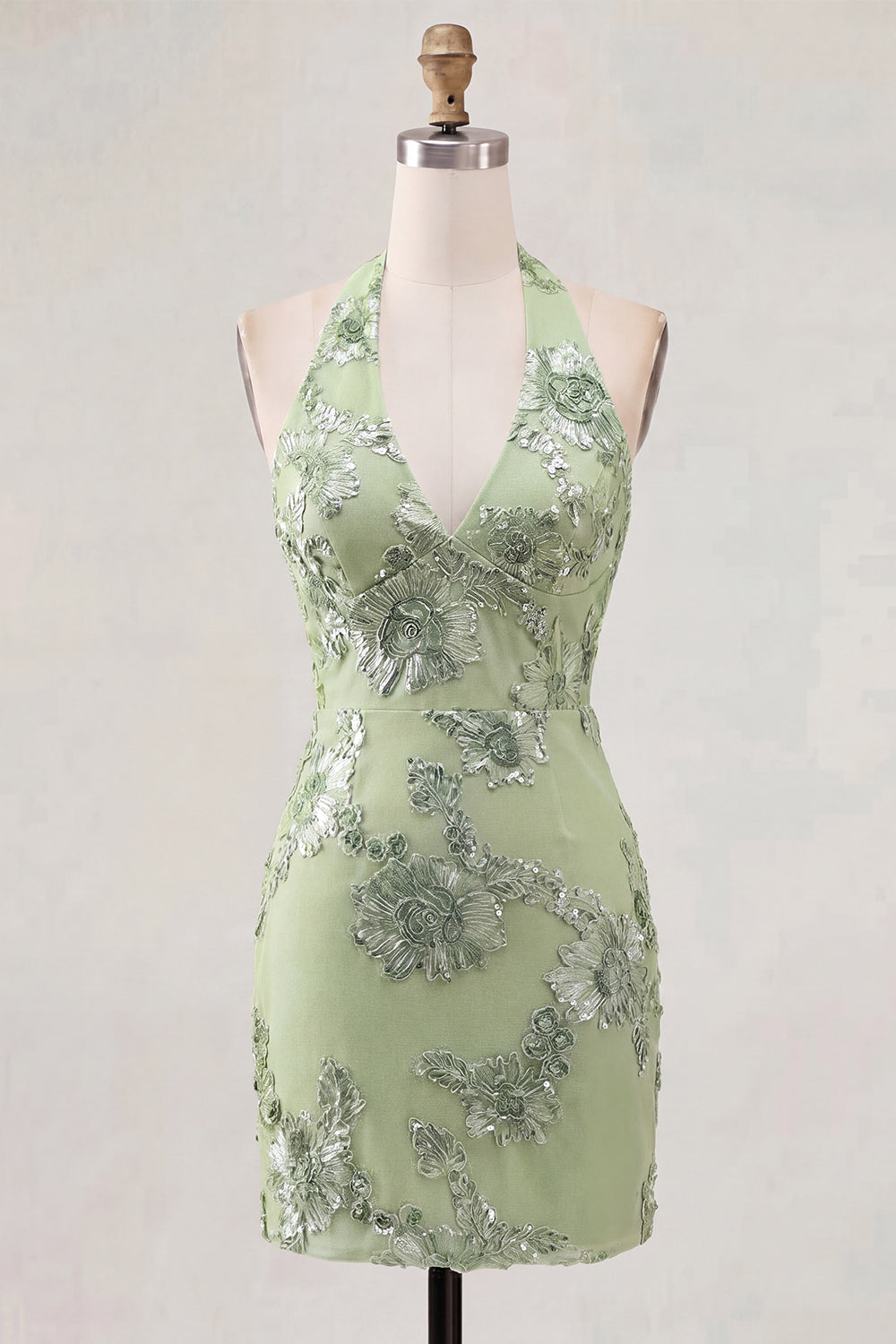 Sage Green Floral Halter Short Backless Tight Homecoming Dress