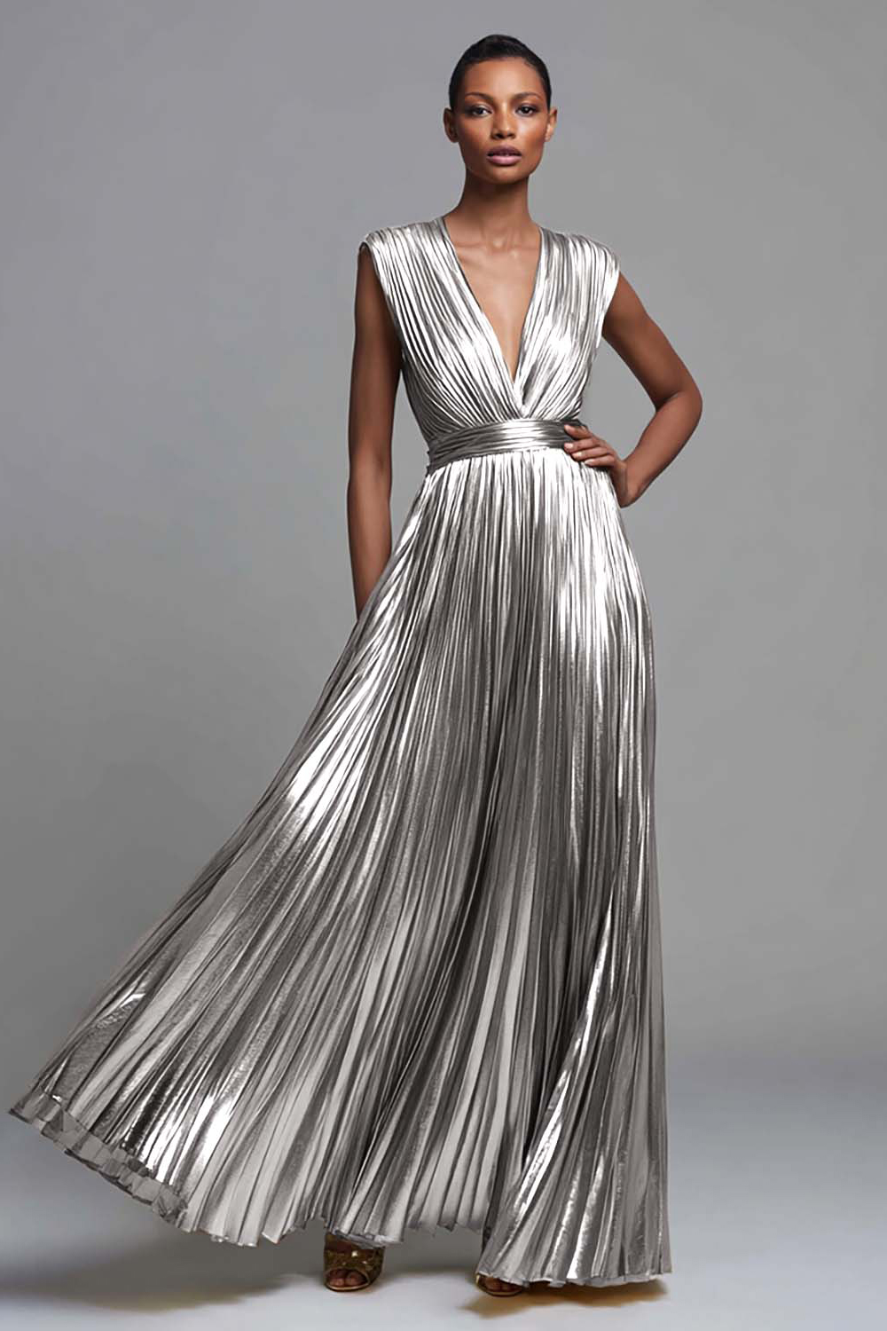 Metallic Black Deep V-Neck Pleated A Line Long Holiday Party Dress