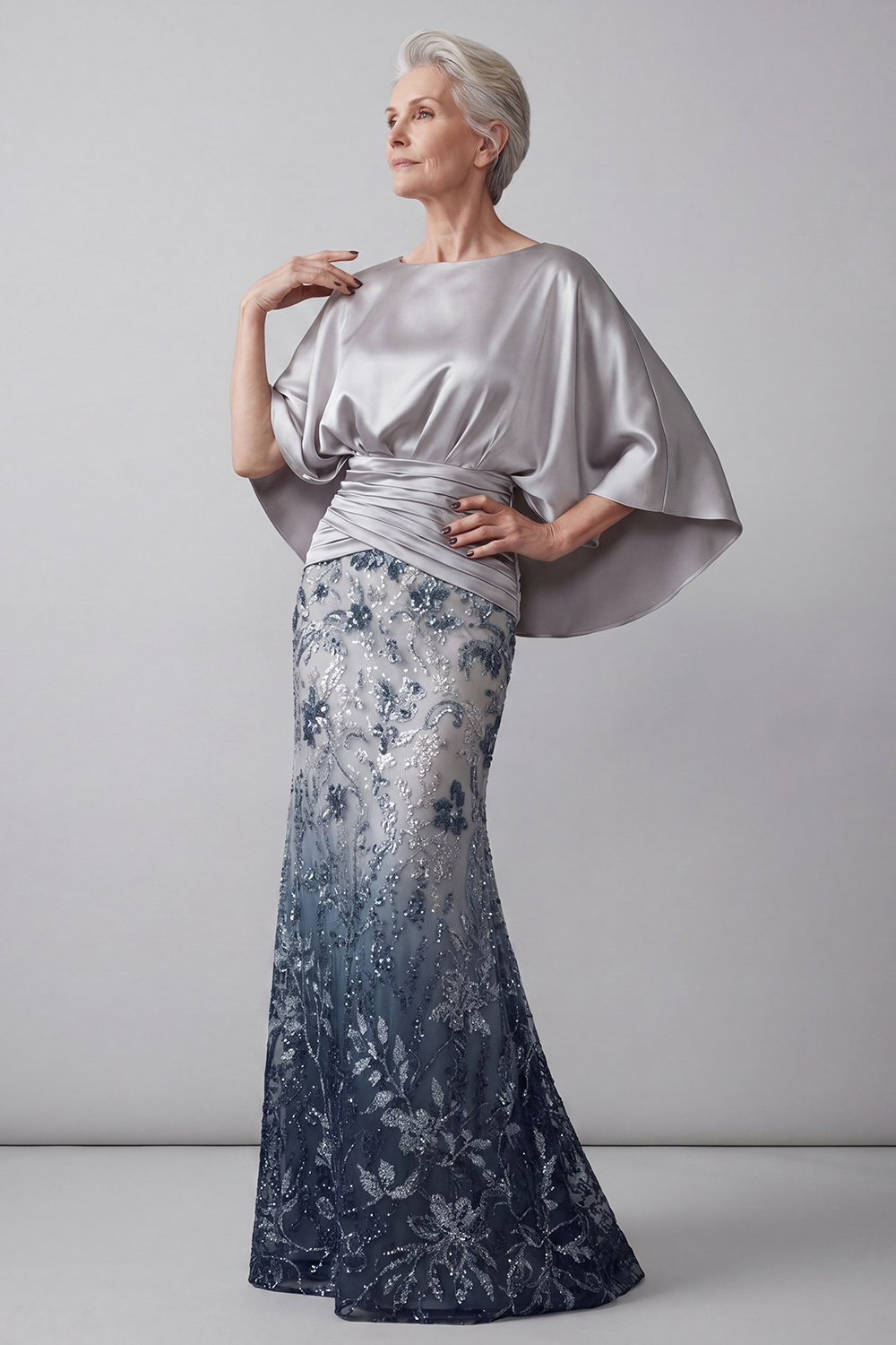 Sparkly Navy Mermaid Floral Sequins Long Evening Dress